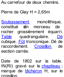 Au carrefour de deux chemins.     Pierre de Glay H = 2,65m     Soubassement  monolithique,  constitu dun morceau de  rocher grossirement quarri.  Table  qu adrangulaire.  D   cubique.  Ft  tronconique. D de  raccordement.  Croisillon  de  section carre.     Date de 1802 sur la table.  IN(RI) grav sur le  chapiteau   ;  marque de  tcheron  H, sur le  croisillon.