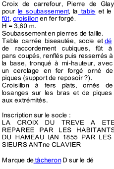 Croix de carrefour, Pierre de Glay  pour  le soubassement , la  table  et le  ft ,  croisillon  en fer forg.    H = 3,60 m.   Soubassement en pierres de taille.   Table carre biseaute, socle et  d   de r accordement cubiques, ft   pans coups, renfls puis resserrs   la base, tronqu  mi - hauteur, avec  un cerclage en fer forg orn de  piques (support de reposoir   ?).    Croisillon  fers plats, orns de  losanges sur les bras et de piques  aux extrmits.     In scription sur le socle   :   LA CROIX DU TREVE A ETE  REPAREE PAR LES HABITANTS   DU HAMEAU LAN 1855 PAR LES  SIEURS ANTne CLAVIER     Marque de  tcheron  D sur le d